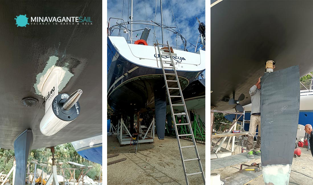 foto di tre momenti della preparazione della barca per la traversata Atlantica: lavori sull’idrogeneratore e sulla pala del timone