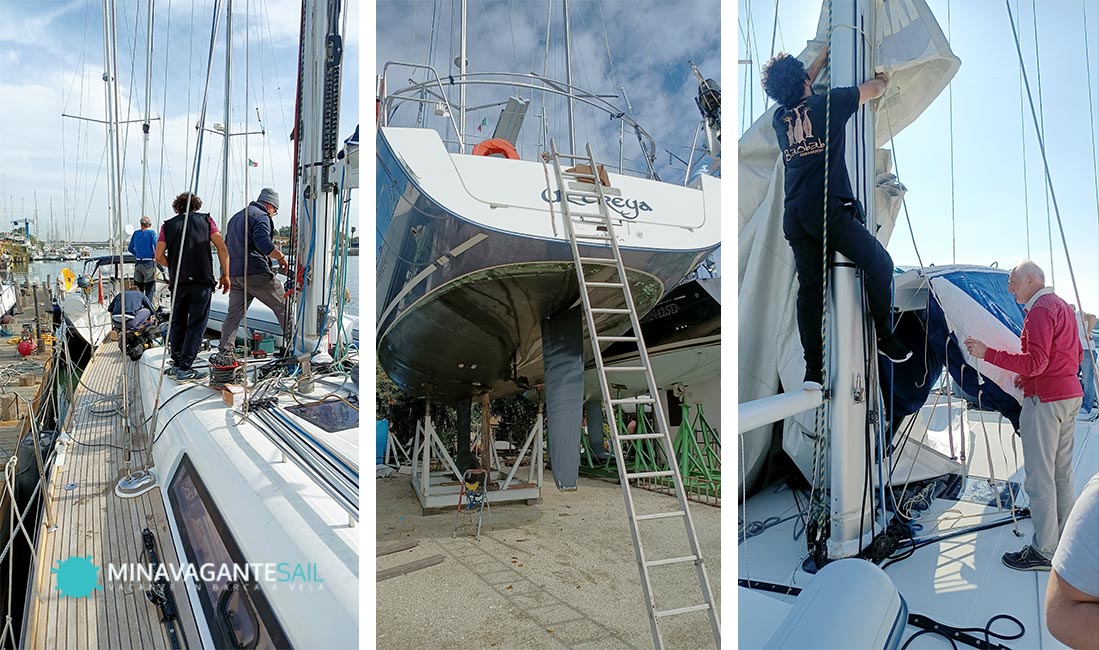 Tre foto dei lavori che abbiamo fatto sulla barca in vista della traversata oceanica